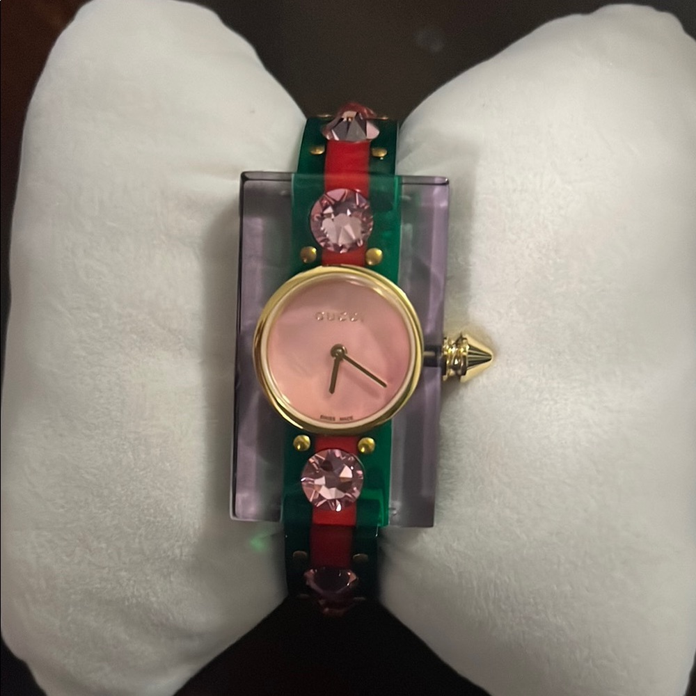 Gucci Pink and Green Watch with Festive Design
